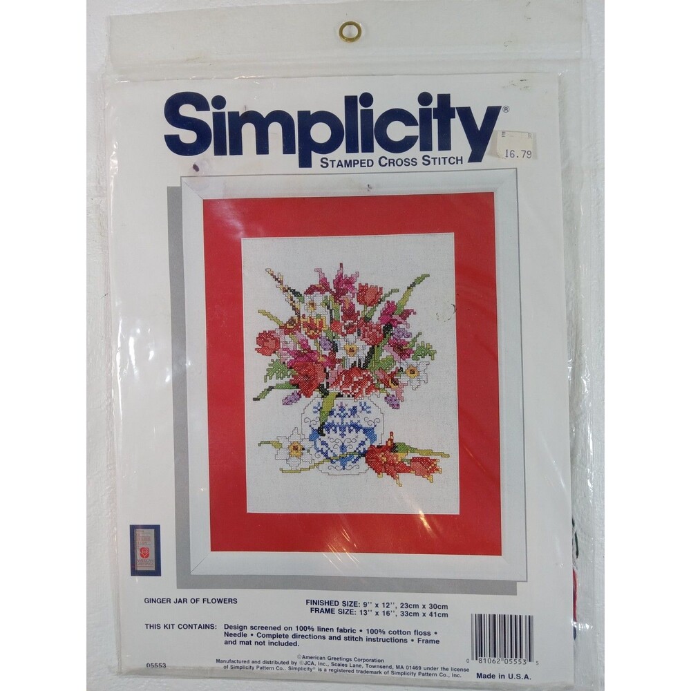 VTG Simplicity Cross Stitch Kit 05553 "Ginger Jar of Flowers" 9" x 12" Sealed